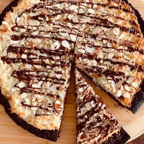 Chocolate Almond Coconut Brownie Pizza