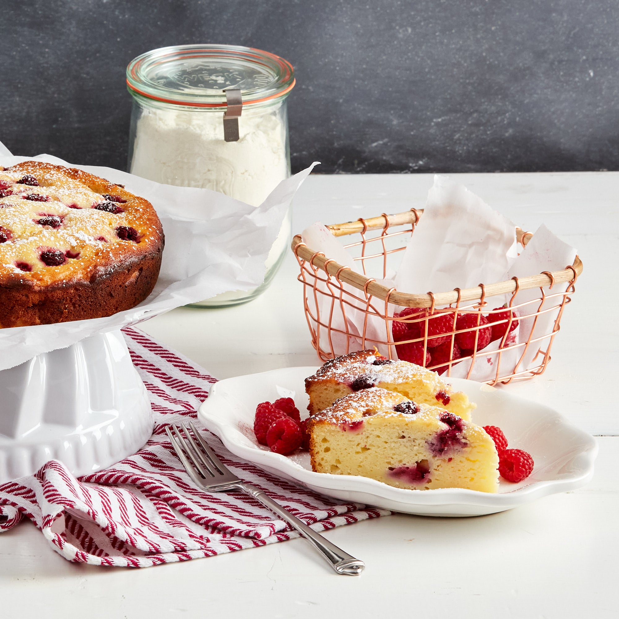 Almond Creme Ricotta Cake with Raspberries